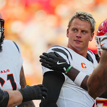 Sep 15, 2024; Kansas City, Missouri, USA; Cincinnati Bengals quarterback Joe Burrow (9) reacts during the second half against the Kansas City Chiefs at GEHA Field at Arrowhead Stadium. Mandatory Credit: Jay Biggerstaff-Imagn Images