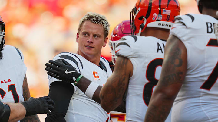 Sep 15, 2024; Kansas City, Missouri, USA; Cincinnati Bengals quarterback Joe Burrow (9) reacts during the second half against the Kansas City Chiefs at GEHA Field at Arrowhead Stadium. Mandatory Credit: Jay Biggerstaff-Imagn Images