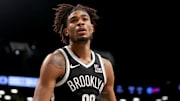 Mar 28, 2025; Brooklyn, New York, USA; Brooklyn Nets center Nic Claxton (33) reacts during the first quarter against the Los Angeles Clippers at Barclays Center. Mandatory Credit: Brad Penner-Imagn Images
