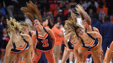 Nov 11, 2025; Champaign, Illinois, USA;  The Illinettes dance team performs during the first half against the Texas Tech Red Raiders at State Farm Center. Mandatory Credit: Ron Johnson-Imagn Images