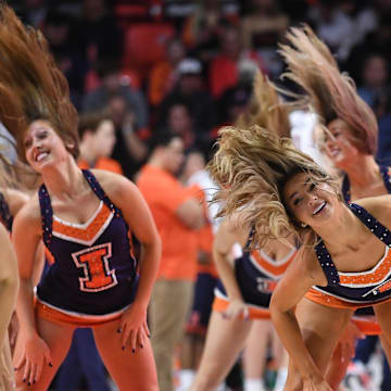 Nov 11, 2025; Champaign, Illinois, USA;  The Illinettes dance team performs during the first half against the Texas Tech Red Raiders at State Farm Center. Mandatory Credit: Ron Johnson-Imagn Images