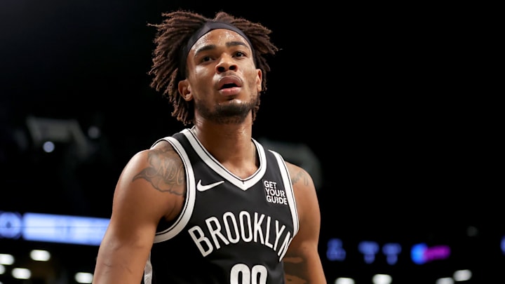Mar 28, 2025; Brooklyn, New York, USA; Brooklyn Nets center Nic Claxton (33) reacts during the first quarter against the Los Angeles Clippers at Barclays Center. Mandatory Credit: Brad Penner-Imagn Images Mar 28, 2025; Brooklyn, New York, USA; Brooklyn Nets center Nic Claxton (33) reacts during the first quarter against the Los Angeles Clippers at Barclays Center. Mandatory Credit: Brad Penner-Imagn Images