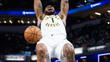 Oct 16, 2023; Indianapolis, Indiana, USA; Indiana Pacers forward Obi Toppin (1) slam dunks the ball in the second half against the Atlanta Hawks at Gainbridge Fieldhouse. Mandatory Credit: Trevor Ruszkowski-USA TODAY Sports