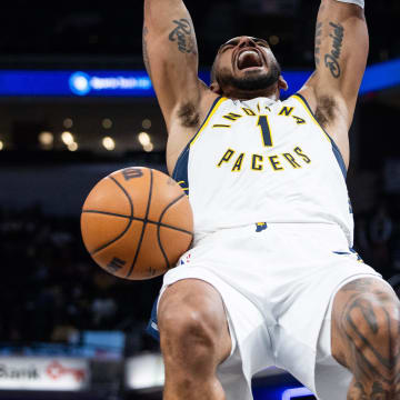 Oct 16, 2023; Indianapolis, Indiana, USA; Indiana Pacers forward Obi Toppin (1) slam dunks the ball in the second half against the Atlanta Hawks at Gainbridge Fieldhouse. Mandatory Credit: Trevor Ruszkowski-USA TODAY Sports