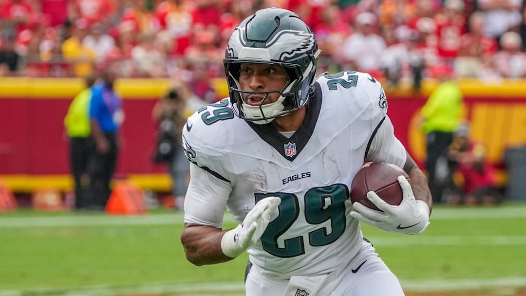 Philadelphia Eagles running back AJ Dillon (29) runs the ball against the Kansas City Chiefs during the game at GEHA Field at Arrowhead Stadium.
