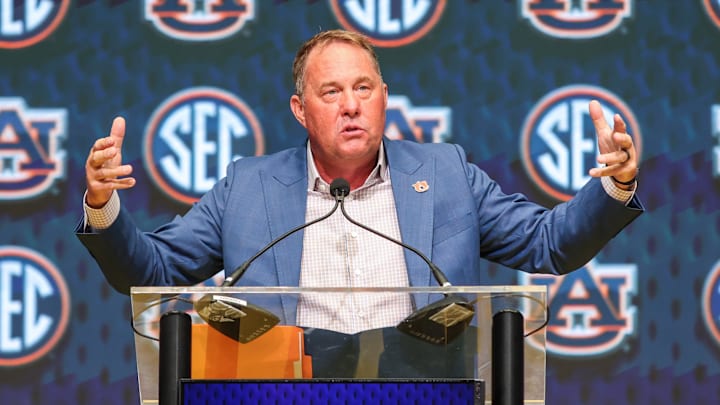 Jul 15, 2025; Atlanta, GA, USA; Auburn Tigers head coach Hugh Freeze talks to the media during SEC Media Days at Omni Atlanta Hotel. Mandatory Credit: Jordan Godfree-Imagn Images