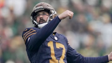 Green Bay Packers place kicker Brandon McManus (17) watches his extra point during the fourth quarter of their game against the Carolina Panthers Sunday, November 2, 2025 at Lambeau Field in Green Bay, Wisconsin.