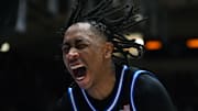 Dec 2, 2025; Durham, North Carolina, USA; Duke Blue Devils forward Isaiah Evans (3) reacts after making the game-winning steal during the second half against the Florida Gators at Cameron Indoor Stadium.  The Blue Devils won 67-66. Mandatory Credit: Rob Kinnan-Imagn Images