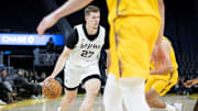 Jul 8, 2025; San Francisco, California, USA; San Antonio Spurs two-way forward Riley Minix (27) drives to the basket against the Los Angeles Lakers during the California Classic at Chase Center.