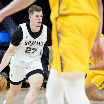 Jul 8, 2025; San Francisco, California, USA; San Antonio Spurs two-way forward Riley Minix (27) drives to the basket against the Los Angeles Lakers during the California Classic at Chase Center.