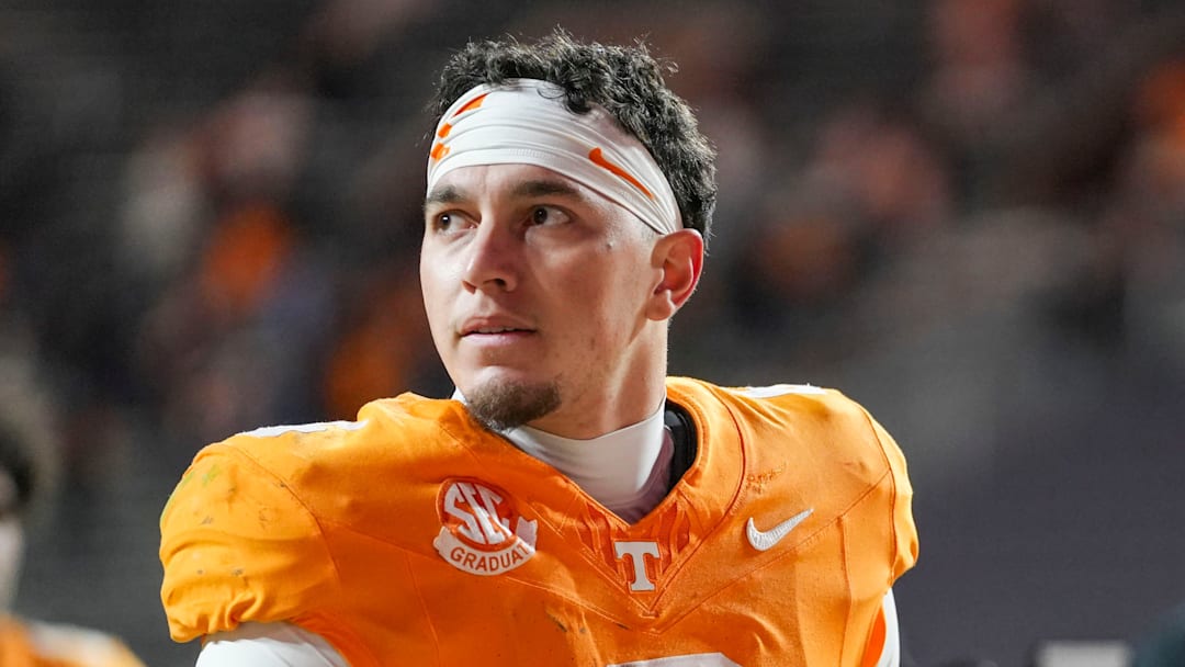 Tennessee quarterback Joey Aguilar (6) looks around the stadium after losing a NCAA football game between Tennessee and Vanderbilt at Neyland Stadium in Knoxville, Tenn., on Nov. 29, 2025.