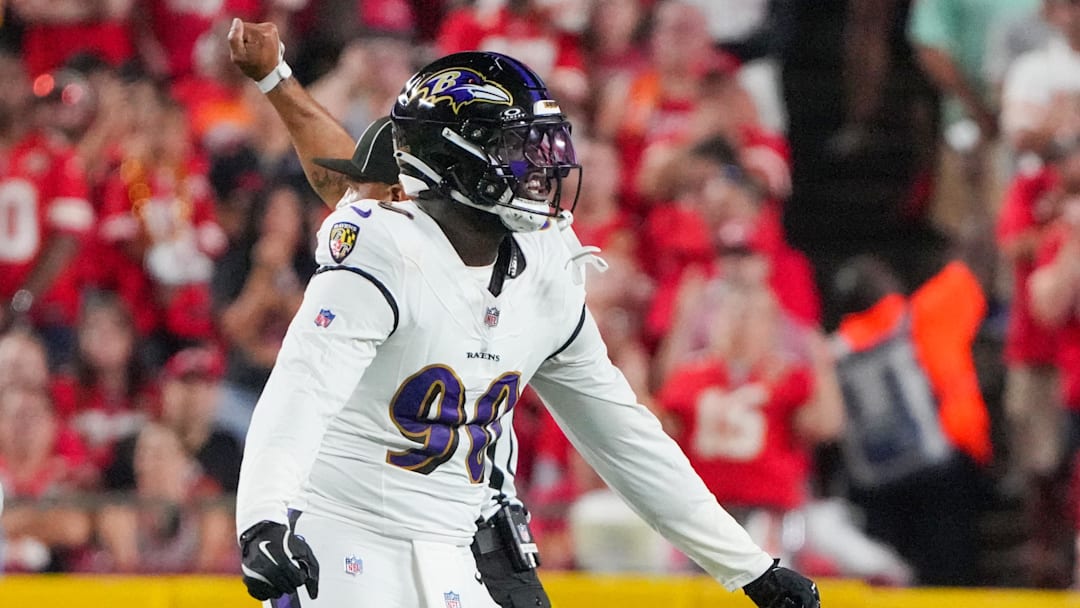 Sep 5, 2024; Kansas City, Missouri, USA; Baltimore Ravens linebacker David Ojabo (90) celebrates after a sack against the Kansas City Chiefs during the first half at GEHA Field at Arrowhead Stadium. Mandatory Credit: Denny Medley-Imagn Images