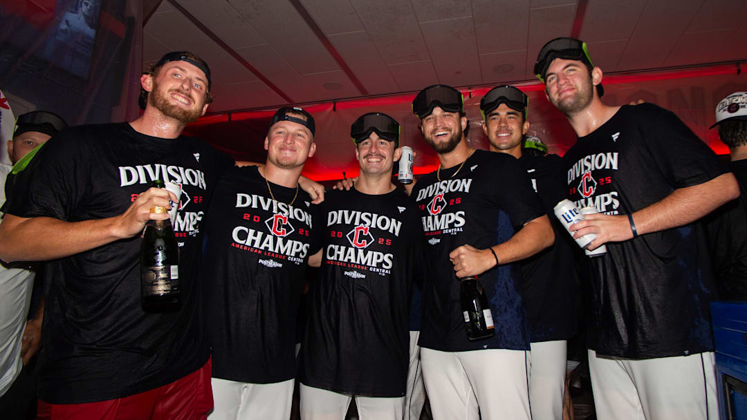 Sep 28, 2025; Cleveland, Ohio, USA;  Cleveland Guardians pitchers from left Tanner Bibee, Parker Messick, Logan Allen, Slade Cecconi, Joey Cantillo and Gavin Williams celebrate after the Guardians won the American League Central Division at Progressive Field. Mandatory Credit: Ken Blaze-Imagn Images