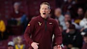 Nov 8, 2025; Minneapolis, Minnesota, USA; Minnesota Golden Gophers head coach Niko Medved looks on during the second half against the Alcorn State Braves at Williams Arena. Mandatory Credit: Matt Krohn-Imagn Images