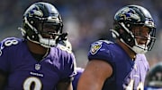 Sep 18, 2022; Baltimore, Maryland, USA;Baltimore Ravens quarterback Lamar Jackson (8) and fullback Patrick Ricard (42) reacted after a play during the first half against the Miami Dolphins  at M&T Bank Stadium. Mandatory Credit: Tommy Gilligan-Imagn Images