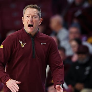 Nov 8, 2025; Minneapolis, Minnesota, USA; Minnesota Golden Gophers head coach Niko Medved looks on during the second half against the Alcorn State Braves at Williams Arena. Mandatory Credit: Matt Krohn-Imagn Images