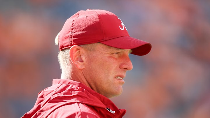 Oct 19, 2024; Knoxville, Tennessee, USA; Alabama Crimson Tide head coach Kalen DeBoer looks on before a game against the Tennessee Volunteers at Neyland Stadium. Mandatory Credit: Randy Sartin-Imagn Images