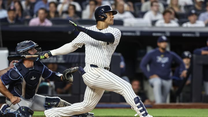 Jul 19, 2024; Bronx, New York, USA;  New York Yankees right fielder Juan Soto (22) hits a double in the fourth inning against the Tampa Bay Rays at Yankee Stadium. Mandatory Credit: Wendell Cruz-USA TODAY Sports