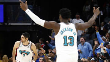 Jan 30, 2025; Memphis, Tennessee, USA; Memphis Grizzlies forward Santi Aldama (7) and forward Jaren Jackson Jr. (13) : Petre Thomas-Imagn Images