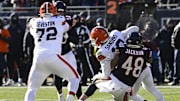 D'Marco Jackson sacks Cleveland Browns quarterback Shedeur Sanders in Sunday's Bears win. Jackson also had an interception.