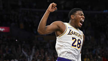 Oct 26, 2024; Los Angeles, California, USA; Los Angeles Lakers forward Rui Hachimura (28) reacts after dunking against the Sacramento Kings during the second half at Crypto.com Arena. Mandatory Credit: Jonathan Hui-Imagn Images
