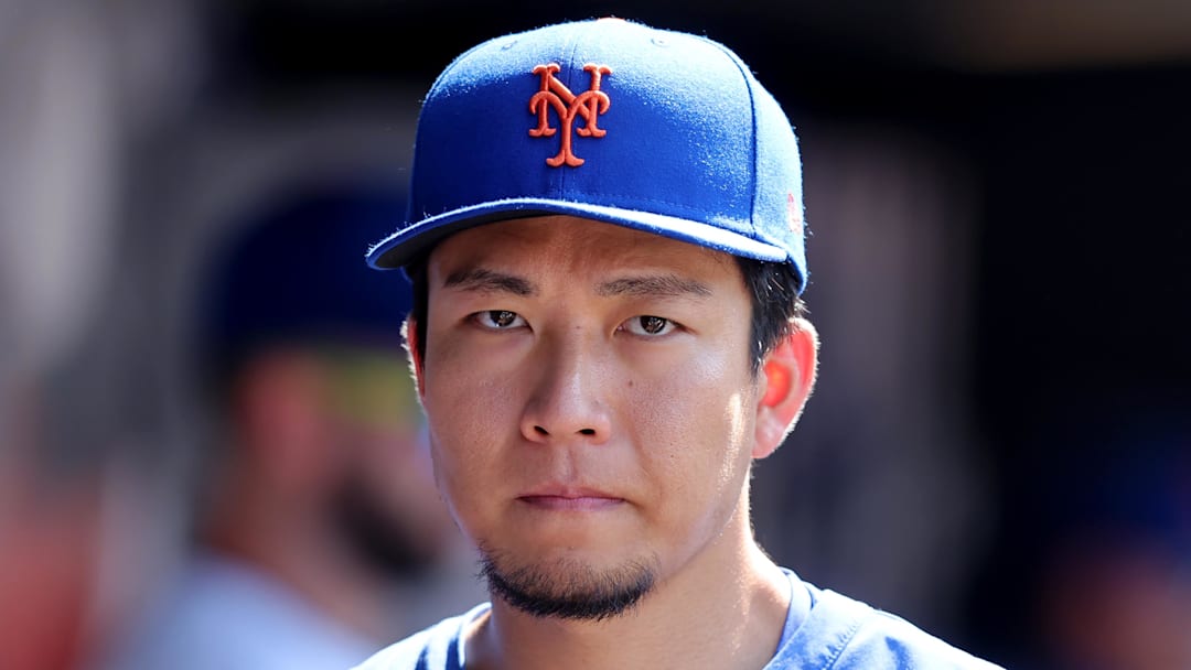 New York Mets starting pitcher Kodai Senga (34) in the dugout on June 1, 2023.