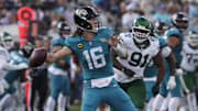 Dec 14, 2025; Jacksonville, Florida, USA; Jacksonville Jaguars quarterback Trevor Lawrence (16) throws the ball during the third quarter against the New York Jets at EverBank Stadium. Mandatory Credit: Travis Register-Imagn Images