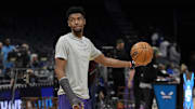 Mar 20, 2025; Charlotte, North Carolina, USA; Charlotte Hornets forward Brandon Miller (24) during pregame warmups against the New York Knicks at Spectrum Center. Mandatory Credit: Jim Dedmon-Imagn Images