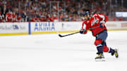 Nov 8, 2024; Washington, District of Columbia, USA; Washington Capitals left wing Alex Ovechkin (8) shoots the puck against the Pittsburgh Penguins in the third period at Capital One Arena. Mandatory Credit: Geoff Burke-Imagn Images