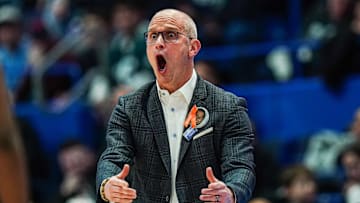 Jan 29, 2025; Hartford, Connecticut, USA; UConn Huskies head coach Dan Hurley watches from the sideline as they take on the DePaul Blue Demons at XL Center. Mandatory Credit: David Butler II-Imagn Images