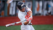 Oregon State outfielder Gavin Turley (1) swings at the ball in game 2 of the NCAA Super Regional against Florida State at Goss Stadium on Saturday, June 7, 2025 in Corvallis.
