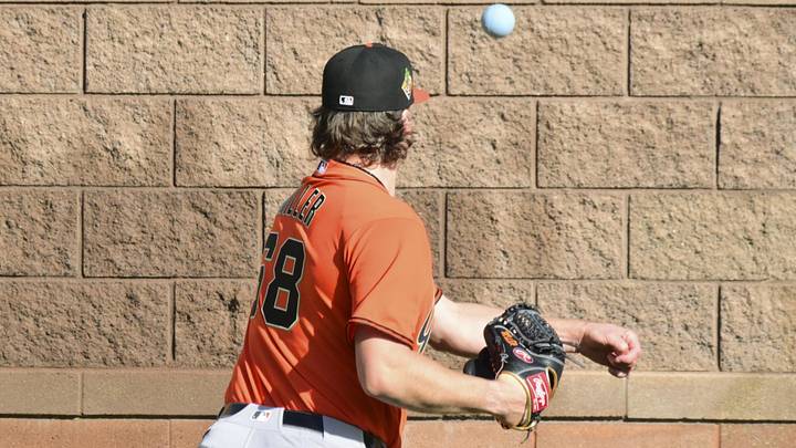 Feb 10, 2026; Scottsdale, AZ, USA;  San Francisco Giants pitcher Erik Miller (68) throws a weighted ball during a Spring Training workout at Scottsdale Stadium Mandatory Credit: Matt Kartozian-Imagn Images