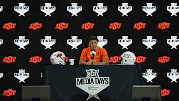 Jul 9, 2025; Frisco, TX, USA; Oklahoma State head coach Mike Gundy speaks with the media during 2025 Big 12 Football Media Days at The Star. Mandatory Credit: Raymond Carlin III-Imagn Images