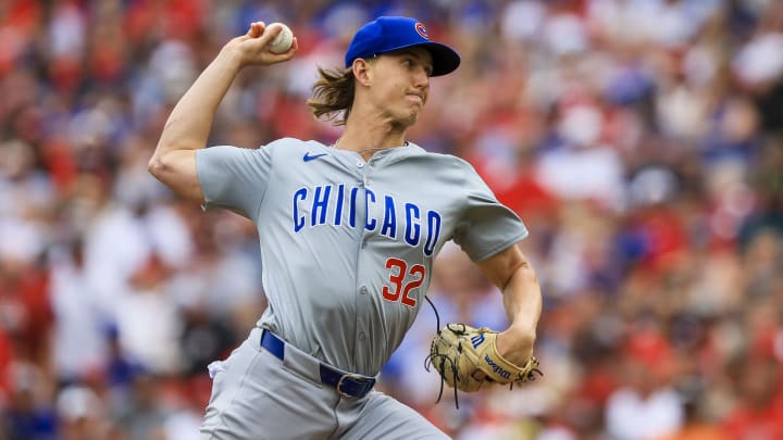 Jun 8, 2024; Cincinnati, Ohio, USA; Chicago Cubs starting pitcher Ben Brown (32) pitches against the Cincinnati Reds in the first inning at Great American Ball Park. 