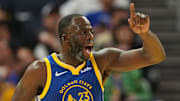 Dec 25, 2024; San Francisco, California, USA; Golden State Warriors forward Draymond Green (23) gestures during the third quarter against the Los Angeles Lakers at Chase Center. Mandatory Credit: Darren Yamashita-Imagn Images
