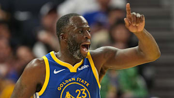 Dec 25, 2024; San Francisco, California, USA; Golden State Warriors forward Draymond Green (23) gestures during the third quarter against the Los Angeles Lakers at Chase Center. Mandatory Credit: Darren Yamashita-Imagn Images