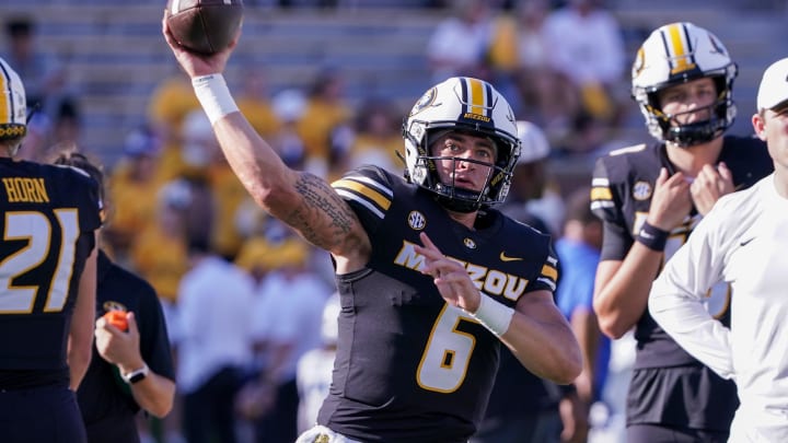 Sep 9, 2023; Columbia, Missouri, USA; Missouri Tigers quarterback Jake Garcia (6) warms up against the Middle Tennessee Blue Raiders prior to a game at Faurot Field at Memorial Stadium. Mandatory Credit: Denny Medley-USA TODAY Sports