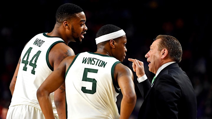 Apr 6, 2019; Minneapolis, MN, USA; Michigan State Spartans head coach Tom Izzo talks to guard Cassius Winston (5) and forward Nick Ward (44) during the first half against the Texas Tech Red Raiders in the semifinals of the 2019 men's Final Four at US Bank Stadium. Mandatory Credit: Bob Donnan-Imagn Images