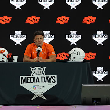 Jul 9, 2025; Frisco, TX, USA; Oklahoma State head coach Mike Gundy speaks with the media during 2025 Big 12 Football Media Days at The Star. Mandatory Credit: Raymond Carlin III-Imagn Images