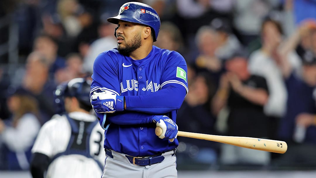 Oct 8, 2025; Bronx, New York, USA; Toronto Blue Jays right fielder Anthony Santander (25) reacts to striking out to end the fourth inning against the New York Yankees during game four of the ALDS round for the 2025 MLB playoffs at Yankee Stadium. Mandatory Credit: Brad Penner-Imagn Images