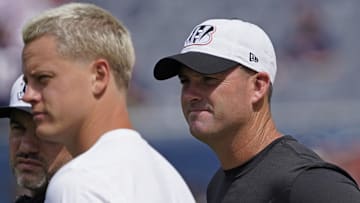 Cincinnati Bengals head coach Zac Taylor, right, and quarterback Joe Burrow.