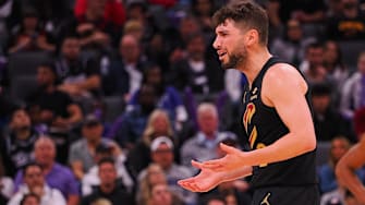 Mar 19, 2025; Sacramento, California, USA; Cleveland Cavaliers guard Ty Jerome (2) questions the referee during the third quarter Sacramento Kings at Golden 1 Center. Mandatory Credit: Kelley L Cox-Imagn Images