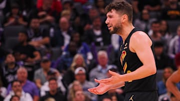 Mar 19, 2025; Sacramento, California, USA; Cleveland Cavaliers guard Ty Jerome (2) questions the referee during the third quarter Sacramento Kings at Golden 1 Center. Mandatory Credit: Kelley L Cox-Imagn Images