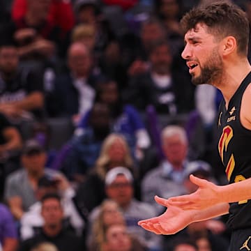 Mar 19, 2025; Sacramento, California, USA; Cleveland Cavaliers guard Ty Jerome (2) questions the referee during the third quarter Sacramento Kings at Golden 1 Center. Mandatory Credit: Kelley L Cox-Imagn Images