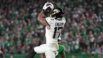 Nov 3, 2024; Philadelphia, Pennsylvania, USA; Jacksonville Jaguars tight end Evan Engram (17) makes a catch against the Philadelphia Eagles at Lincoln Financial Field. 