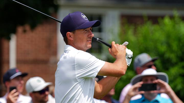 Jordan Spieth during the second round of the 2026 Rocket Classic; Aaron Doster