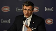 Jan 7, 2018; Montreal, Quebec, CAN; Montreal Canadiens general manager Marc Bergevin talks to the media during a conference prior to the game against the Vancouver Canucks at the Bell Centre. Mandatory Credit: Eric Bolte-Imagn Images