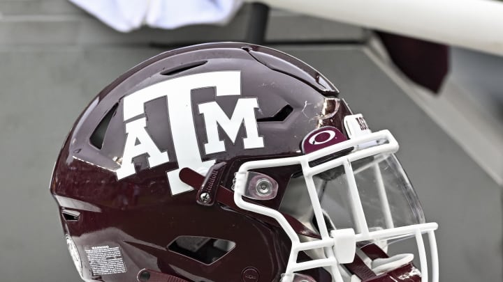 Sep 3, 2022; College Station, Texas, USA;  Texas A&M Aggies helmet on the sideline during the second half against the Sam Houston State Bearkats at Kyle Field. Mandatory Credit: Maria Lysaker-USA TODAY Sports