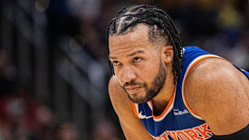 Nov 10, 2024; Indianapolis, Indiana, USA;  New York Knicks guard Jalen Brunson (11) in the second half against the Indiana Pacers at Gainbridge Fieldhouse. Mandatory Credit: Trevor Ruszkowski-Imagn Images