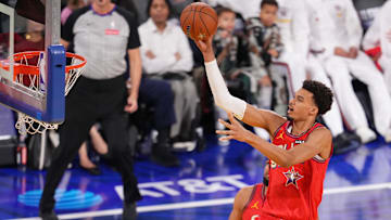 Feb 16, 2025; San Francisco, CA, USA; Chuckís Global Stars forward Victor Wembanyama (1) of the San Antonio Spurs shoots the ball against Shaqís OGsduring the 2025 NBA All Star Game at Chase Center. Mandatory Credit: Cary Edmondson-Imagn Images